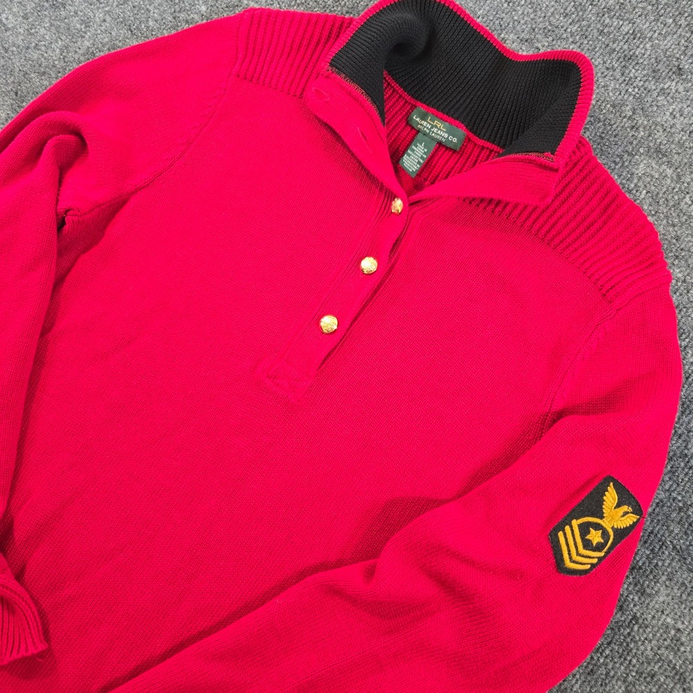 Vintage Ralph Lauren Knit Sweater Red Crested Gold Buttons Military Patch Y2K